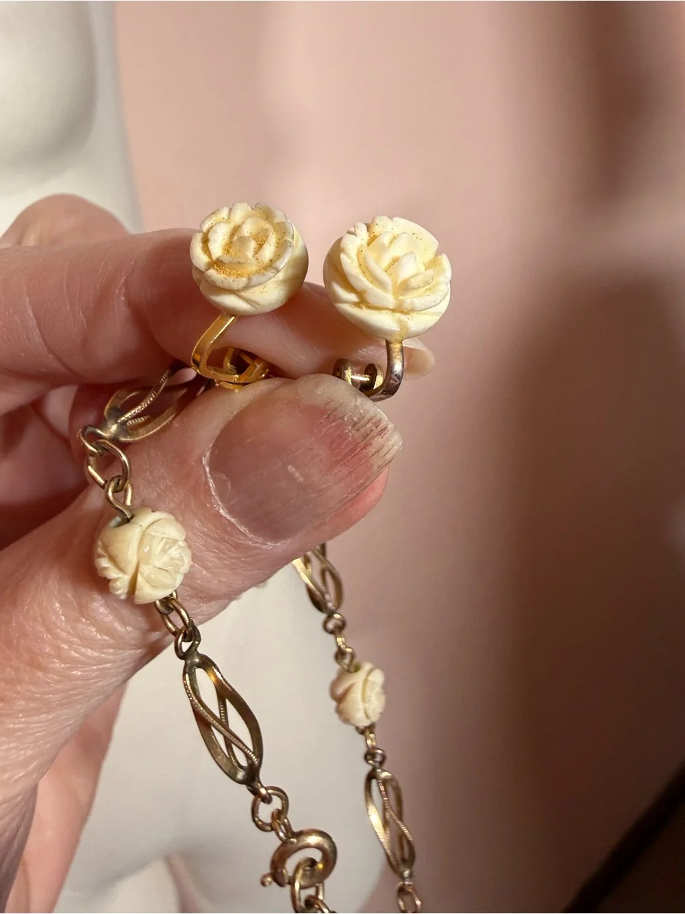 Vintage 1/20 12K GF gold cream flower delicate coquette bracelet earring set